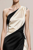 Black and White A-Line One Shoulder Satin Long Evening Dress