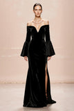 Black Mermaid Off the Shoulder Velvet Evening Dress With Slit