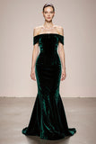 Dark Green Off the Shoulder Mermaid Velvet Evening Dress