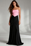 Black and Pink Strapless Ruched Sheath Long Formal Dress