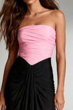 Black and Pink Strapless Ruched Sheath Long Formal Dress