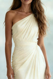 Ivory Sheath One Shoulder Ruched Long Formal Dress