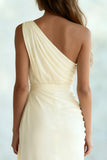 Ivory Sheath One Shoulder Ruched Long Formal Dress
