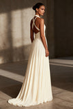 Ivory A-Line Halter Backless Long Formal Dress