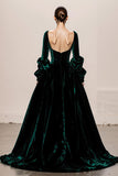 Dark Green Velvet Square Neck A-Line Long Formal Dress with Long Sleeves