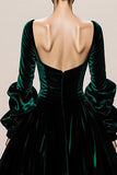 Dark Green Velvet Square Neck A-Line Long Formal Dress with Long Sleeves