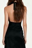 Black Sheath Satin Halter Long Formal Dress with Sash