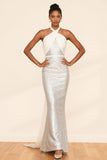 Sparkly White Satin Mermaid Halter Long Formal Dress