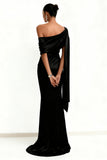 Black Sweep Train One Shoulder Formal Dress with Side Cape