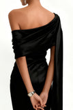 Black Sweep Train One Shoulder Formal Dress with Side Cape