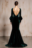 Velvet V Neck Mermaid Dark Green Long Evening Dress with Sleeve