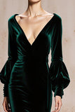 Velvet V Neck Mermaid Dark Green Long Evening Dress with Sleeve