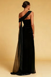 Black One Shoulder Mermaid Pleated Long Evening Dress with Slit