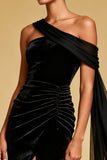 Black One Shoulder Mermaid Pleated Long Evening Dress with Slit