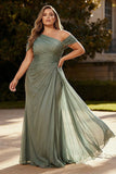 Dusty Sage One Shoulder Pleated A Line Long Plus Size Formal Dress