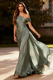 Dusty Sage Chiffon One Shoulder A Line Pleated Long Formal Dress