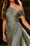Dusty Sage Chiffon One Shoulder A Line Pleated Long Formal Dress