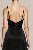 Black White Spaghetti Straps A Line Satin Long Formal Dress