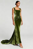 Square Neck Velvet Mermaid Pleated Long Formal Dress