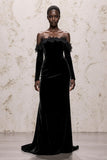 Black Sheath Velvet Off the Shoulder Formal Dress with Long Sleeves