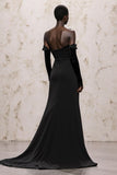 Black Sheath Velvet Off the Shoulder Formal Dress with Long Sleeves