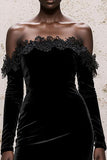 Black Sheath Velvet Off the Shoulder Formal Dress with Long Sleeves