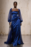 Royal Blue Satin A Line Ruched Formal Dress with Long Sleeves
