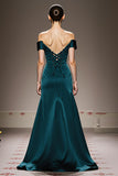 Peacock Blue Sheath Satin Off the Shoulder Long Formal Dress