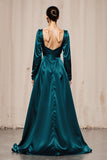 Peacock Blue A Line Square Neck Long Formal Dress with Slit