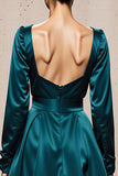 Peacock Blue A Line Square Neck Long Formal Dress with Slit