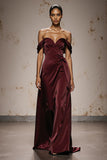 Burgundy Satin Off the Shoulder A Line Long Formal Dress