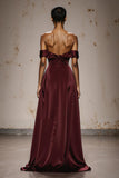 Burgundy Satin Off the Shoulder A Line Long Formal Dress