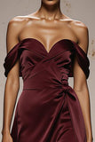 Burgundy Satin Off the Shoulder A Line Long Formal Dress