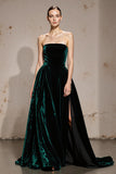 Dark Green Strapless Velvet A Line Long Formal Dress with Slit