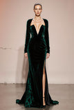 Dark Green V-Neck Mermaid Velvet Military Ball Dresses with Slit
