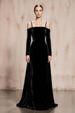 Black Cold Shoulder A-Line Velvet Long Sleeves Military Ball Dresses