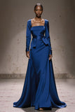 A-Line Royal Blue Long Military Ball Dresses with Sleeves