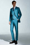 Peacock Blue Peak Lapel 3 Piece Men's Suits