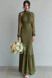 Olive High Neck Sheath Ruffled Bridesmaid Dress with Long Sleeves