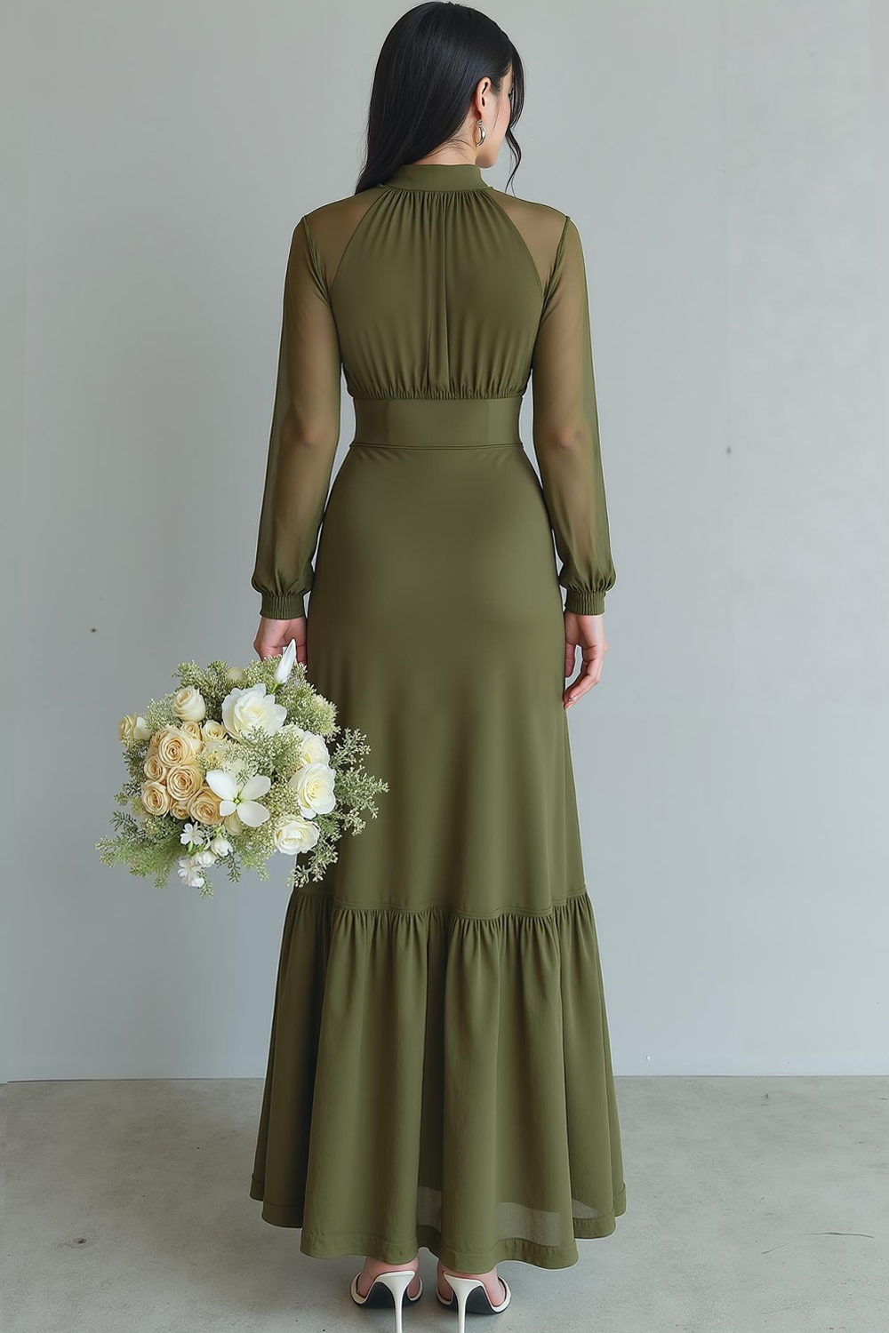 ZAPAKA Women Olive Bridesmaid Dress Sheath High Neck Ruffled Wedding Guest Dress with Long Sleeves ZAPAKA UK ZAPAKA Women Olive Bridesmaid Dress Sheath High Neck Ruffled Wedding Guest Dress with Long Sleeves ZAPAKA UK