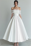 White A Line Off The Shoulder Long Wedding Dress with Tulle