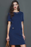 Navy A Line Round Neck Buttons Short Work Dress with Sleeves