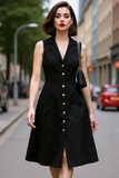 Black A Line Sleeveless Single Breasted Notched Lapel Midi Work Dress