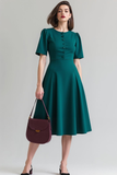 Dark Green Round Neck Short Sleeves A Line Midi Work Dress