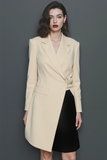 Champagne and Black A Line Notched Lapel Long Sleeves Short Work Dress with Sash