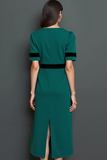 Dark Green A Line Short Sleeves Long Work Dress with Buttons