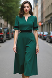 Dark Green A Line Short Sleeves Long Work Dress with Buttons
