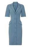 Dusty Blue Pencil Single Breasted Notched Lapel Midi Work Dress with Sleeves