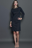 Black Pencil Round Neck Midi Work Dress with Long Sleeves