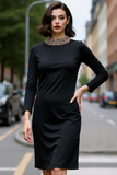 Black Pencil Round Neck Midi Work Dress with Long Sleeves